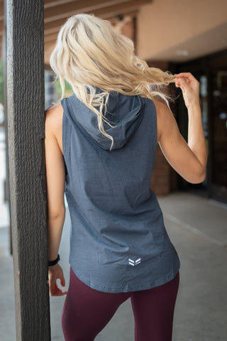 Alyth Active Determined Hooded Sleeveless in Dark Grey - Women's Workout Hoodie Front View