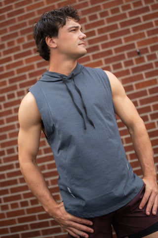 Alyth Active Determined Hooded Sleeveless in Ice Blue - Women's Workout Hoodie Detail View