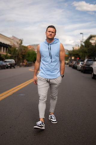 Alyth Active Determined Hooded Sleeveless in Ice Blue - Women's Workout Hoodie Front View