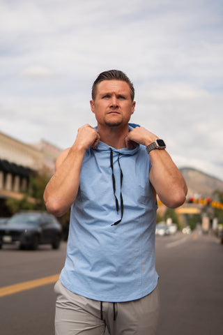 Alyth Active Determined Hooded Sleeveless in Ice Blue - Women's Workout Hoodie Side View