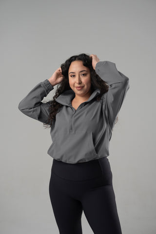 Alyth Active Gravity Breaking Free Pullover in Steel - Women's Running Clothing Back View