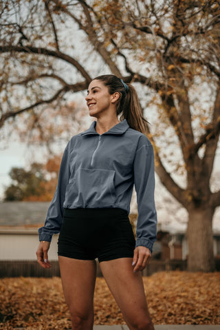 Alyth Active Gravity Breaking Free Pullover in Thistle Blue - Women's Running Clothing Back View