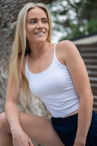 Alyth Active Gravity Determination Built-In Tank in White - Women's Workout Tank Top Back View