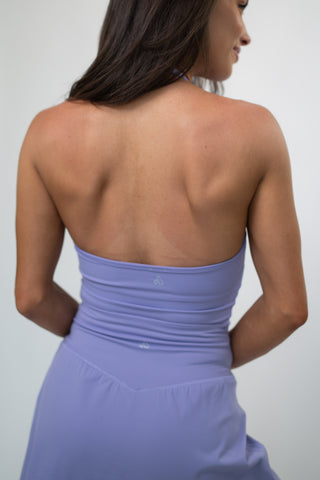 Alyth Active Legacy Halter Crop Tank in Periwinkle - Women's Workout Tank Top Detail View