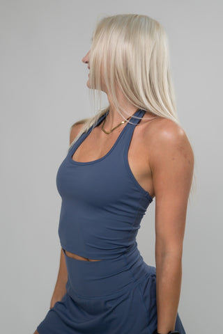 Alyth Active Legacy Halter Crop Tank in Silk Blue - Women's Workout Tank Top Front View