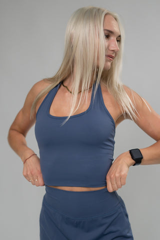 Alyth Active Legacy Halter Crop Tank in Silk Blue - Women's Workout Tank Top Side View