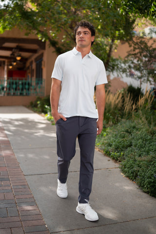 Alyth Active Momentum Polo in Whisper Grey - Women's Workout Clothing Side View