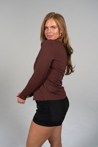 Alyth Active Serene Authentic Warmth Long Sleeve in Hickory - Women's Yoga Long Sleeve Top Front View