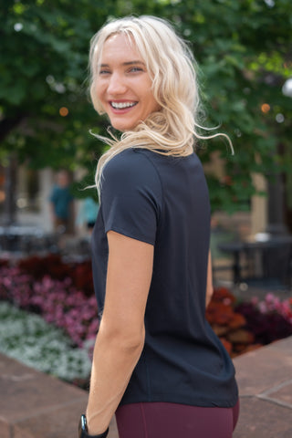 Alyth Active Serene Soft Authentic V1 Tee in Black - Women's Workout T-Shirt Front View