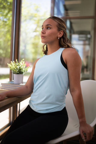 Alyth Active Serene Soft Fiercefully Tank in Light Blue - Women's Sleeveless Workout Top Lifestyle Shot