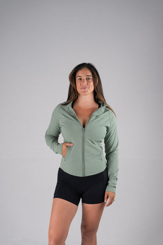Alyth Active Serene Soft Motivate Jacket in Deep Slate Green - Women's Running Jacket Back View