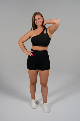 Alyth Active Serene Transform Asymmetical Sports Bra in Black - Women's Athletic Sports Bra Front View