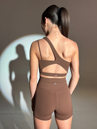 Alyth Active Serene Transform Asymmetical Sports Bra in Mocha - Women's Athletic Sports Bra Front View