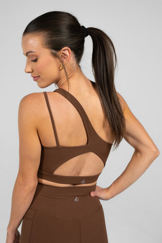 Alyth Active Serene Transform Asymmetical Sports Bra in Mocha - Women's Athletic Sports Bra Side View