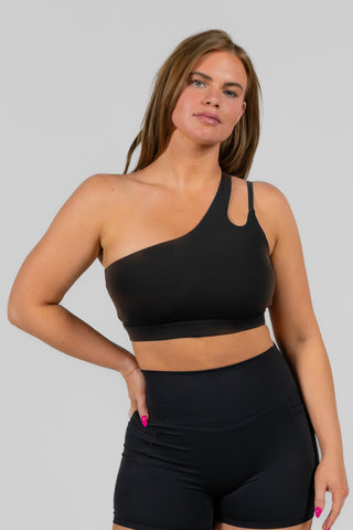 Alyth Active Serene Transform Asymmetical Sports Bra in Oatmeal - Women's Athletic Sports Bra Side View